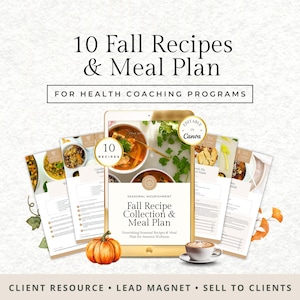 May include: A digital product image featuring a tablet displaying a fall recipe collection and meal plan. The image includes a pumpkin, a cup of coffee, and several recipe pages. Text on the image reads "10 Fall Recipes & Meal Plan" and "Fall Recipe Collection & Meal Plan."