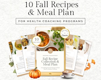 Puede incluir: Imagen de producto digital que muestra una tableta con una colección de recetas de otoño y un plan de comidas. La imagen incluye una calabaza, una taza de café y páginas de recetas. El texto en la imagen dice "10 Fall Recipes & Meal Plan" y "Fall Recipe Collection & Meal Plan."
