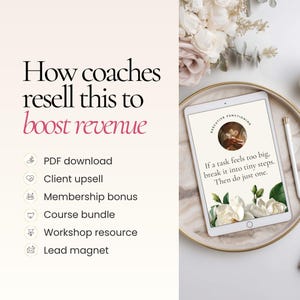 May include: A digital tablet on a gold tray displays text and graphics. The screen shows a floral design and the words "Executive Functioning." Text on the tablet reads, "If a task feels too big, break it into tiny steps. Then do just one."