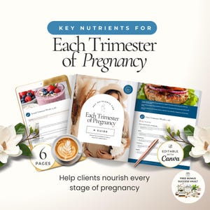 May include: A promotional image for a pregnancy guide. The image features a guide titled "Each Trimester of Pregnancy" with a woman on the cover, a tablet with a smoothie, a cup of coffee, and a document with a burger. The text says "Key Nutrients for Each Trimester of Pregnancy".