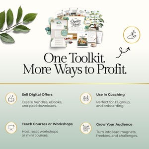 May include: An image promoting a "Digestive Reset" toolkit. The text reads "One Toolkit. More Ways to Profit." with options to sell digital offers, use in coaching, teach courses, and grow an audience. The image includes a variety of digital resources.