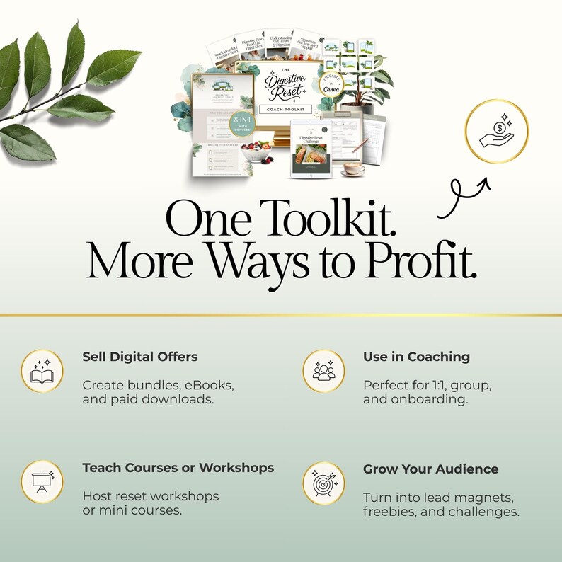 May include: An image promoting a "Digestive Reset" toolkit. The text reads "One Toolkit. More Ways to Profit." with options to sell digital offers, use in coaching, teach courses, and grow an audience. The image includes a variety of digital resources.