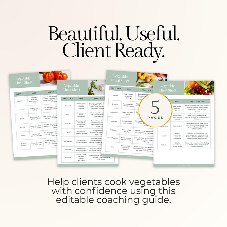 Puede incluir: Cinco hojas de trucos de verduras con un borde verde claro, con texto e im&aacute;genes de verduras. El t&iacute;tulo dice "Beautiful. Useful. Client Ready." y el texto "5 Pages" es visible. El texto inferior dice "Help clients cook vegetables with confidence using this editable coaching guide."