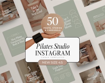 ピラティスインストラクターのInstagram投稿テンプレート、ピラティススタジオコーチのソーシャルメディアコンテンツ、ピラティスコーチの投稿、フィットネスInstagramウェルネスCanva