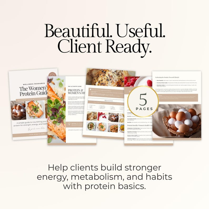 May include: A collection of printed guides and recipe pages with the text "Beautiful. Useful. Client Ready." The guides include the text "The Women's Protein Guide" and "Protein & Women's Health." A basket of eggs is also visible.