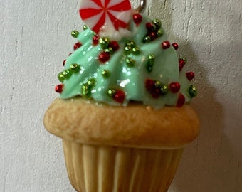 Polymer clay mint green miniature Christmas cupcake charm Great stocking stuffer gift