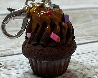 Miniature chocolate caramel kawaii cupcake charm/pendant with rainbow sprinkles miniature food