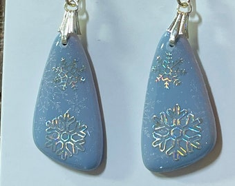 Periwinkle blue with silver snowflake pattern polymer clay earrings Christmas Winter gift jewelry