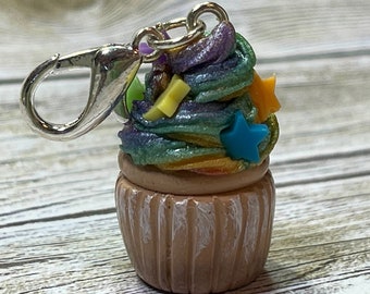 Miniature pearly rainbow swirl cupcake charm/pendant with tiny stars kawaii