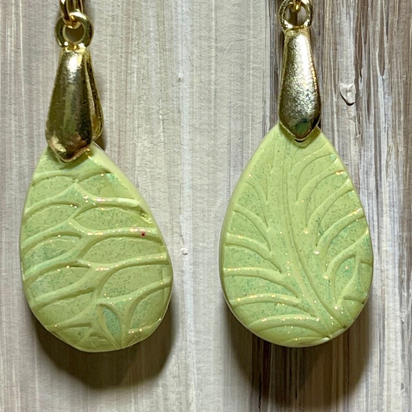 Dainty Chartreuse teardrop rainbow mica shimmery dangle/drop earrings perfect spring handmade jewelry gift