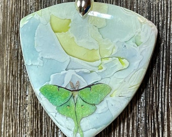 Polymer clay aqua, blue, green watercolor effect with tiny Luna Moth pendant great jewelry gift