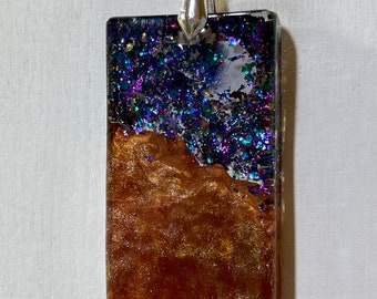 Purple Emerald sparkle resin and mica clay pendant with silver plate bail Night Sky with Moon