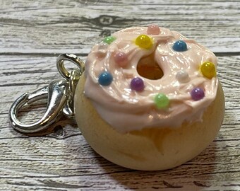 Miniature pink frosting with rainbow nonpareils donut charm/pendant