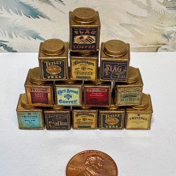 Miniaturas para casa de muñecas, estilo vintage, latas de té, café y cacao, escala 1:12, juego de 3
