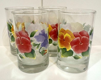 Set of 4 Vintage Corel Summer Blush Juice Glasses Pansy Pattern