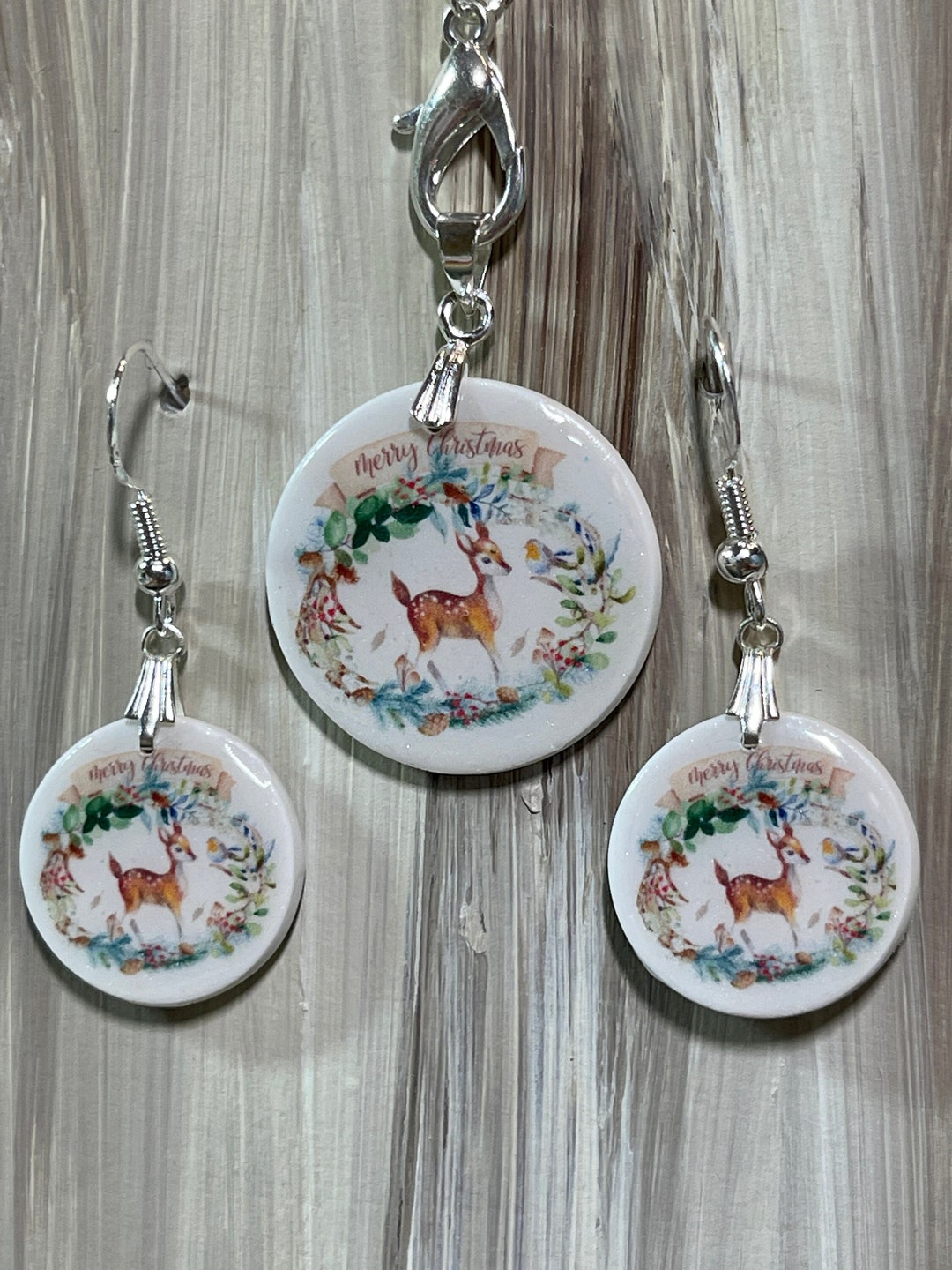Fawn Christmas Wreath Jewelry Gift Set, Pendant, Earrings Stocking Stuffer Etsy