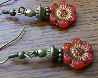 Czech Earrings, Flower Earrings, Czech Flower Earrings, Red Earrings, Beach Jewelry, Gift for Her, Boho Earrings, Glass Earrings