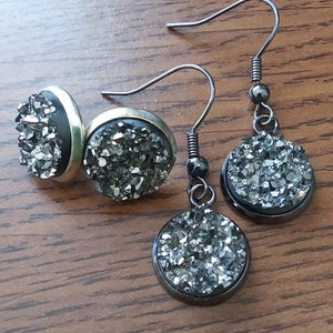 Dark Gray earrings, Metallic gunmetal druzy studs, dark gray faux studs, bridemaids earrings, Gunmetal druzy studs
