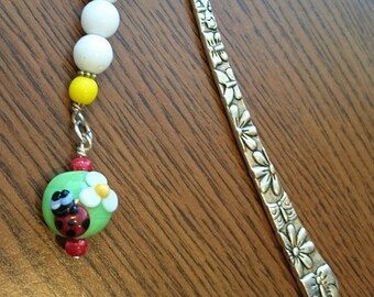 Ladybug Bookmark, Antiqued Silver Floral Shepherd Hook, Beaded