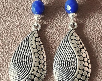 Cobalt Blue and Silver Boho Textured Tear Drop Dangle Earrings, Blue Earrings, Silver Earrings, Gifts for Her, Silver Earrings, Drop Earring