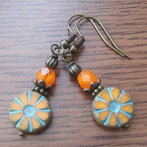 Orange Earrings, Czech Earrings, Daisy Earrings, Boho Earrings, Dangle Earrings, Gifts for Her