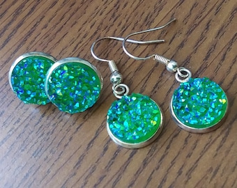 AB Green Faux Druzy Dangles, Green Druzy Stud Earrings, Druzy Dangle Earrings, Bridemaids Jewelry, Gifts for Her, Green Earrings