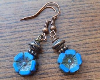 Blue Sapphire Earrings, Czech Earrings, Flower Earrings, Dangle Earrings, Gifts for Her, Boho Earrings, Glass Earrings, Royal Blue Earrings
