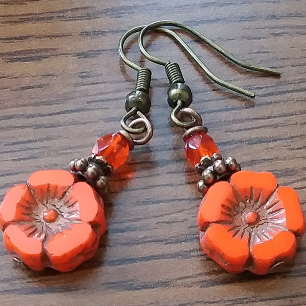 Orange Earrings, Czech Earrings, Flower Earrings, Dangle Earrings, Gifts for Her, Petite Earrings, Boho Earrings, Glass Earrings