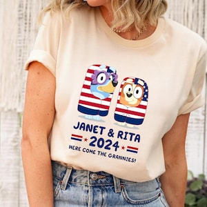 Janet and Rita For President 2024 Election Shirt, Cartoon Shirt, Here Come The Grannies, American Flag Shirt, Presidential Election Shirt