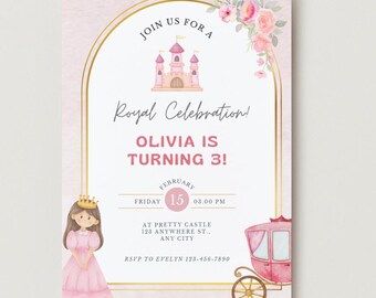 May include: Pink and gold birthday invitation featuring a watercolour illustration of a princess, a castle, and a carriage. The text reads "Join us for a Royal Celebration! Olivia is turning 3!" The invitation includes the date, time, and location of the party.