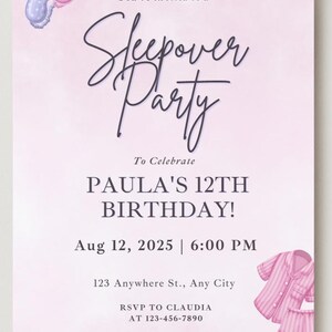 Editable Sleepover Birthday Invitation, Printable Sleepover Invite, Slumber Party, Pajama Party, Cute Editable Template, Instant Download
