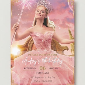 Carte d'invitation Wicked auto-éditable, invitation d'anniversaire Wicked, invitation de Wicked Glinda, invitation de fête Wicked, invitation de film Wicked.