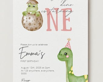 Invitation modifiable pour le 1er anniversaire de fille de dinosaure, invitation de fête d'anniversaire de fille de dinosaure mignon, dinosaure mignon, modèle d'invitation.