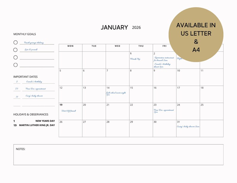 Minimalist 2026 Calendar Printable Template, Monthly Planner Calendar ...