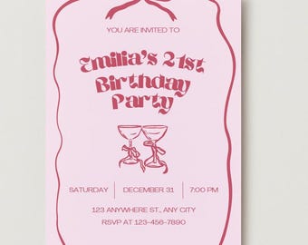 Editable 21st Birthday Invitation Template, Pink and Red Coquette Bday Invite, 21st Birthday Invite.