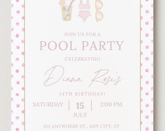 Editable Pool Party Invitation | Girl Pool Party Invitation | Cute Birthday Invitation Template | Pink Pool Party Invite