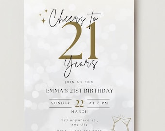 Modelo de convite editável para aniversário de 21 anos | Convite para festa de aniversário de 21 anos, convite estético para aniversário de 21 anos.