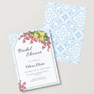 Editable Mediterranean Bridal Shower Invitation Template | Blue Tile Wedding Shower Invite | Amalfi Coast Lemon Italian Invite Template.