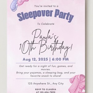 Editable Sleepover Birthday Invitation, Printable Sleepover Invite, Slumber Party, Pajama Party, Cute Editable Template, Instant Download
