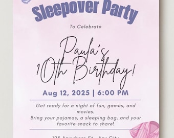 Bewerkbare sleepover verjaardagsuitnodiging, afdrukbare sleepover uitnodiging, slaapfeestje, pyjamafeest, leuke bewerkbare sjabloon, Instant Download