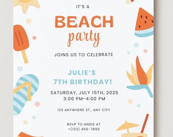Editable  Beach Party Birthday Party Invitation | Summer Beach Birthday Party Invite | Editable Template | Instant Download