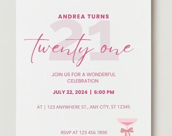 Editable 21st Birthday Invitation Template |Pink  21st Birthday Party Invite, Aesthetic 21st Birthday Invitation