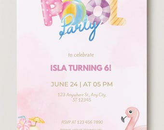 Editable Girl Pool Party Birthday Invitation Template, Pink Pool Party Invite, Cute Pool Party Invitation, Birthday Invitation Template.