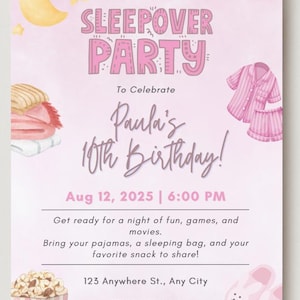 Editable Sleepover Birthday Invitation, Printable Sleepover Invite, Slumber Party, Pajama Party, Cute Editable Template, Instant Download