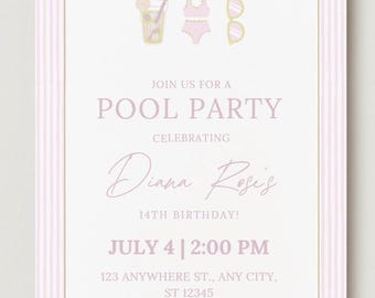 Editable Pool Party Invitation | Girl Pool Party Invite | Pool Party Invitation Template | Cute Pool Party Invite