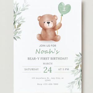 Bearbeitbarer Greenery Bär Erster Geburtstag, Junge erste Geburtstagsfeier Digital einladen, Grüne Einladungsvorlage, erster Geburtstag Baby Junge einladen.