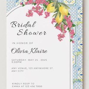 Editable Mediterranean Bridal Shower Invitation Template | Blue Tile Wedding Shower Invite | Amalfi Coast Lemon Italian Invite Template.