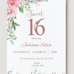Bearbeitbare Sweet Sixteen-Einladung, rosa Rosen Sweet Sixteen-Einladung, Sixteen-Einladungskarte, Einladungs- und Willkommensschildvorlage.