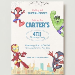 Invito Spidey Spidey e i suoi fantastici amici Iron Man, Hulk Invito alla festa di compleanno Invito al compleanno di Spidey