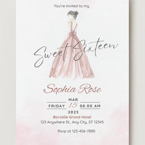 Editable Sweet Sixteen Birthday invitation, Pink 16th Birthday Invite, Vintage Birthday Invitation Template, Sweet Sixteen Invitation.